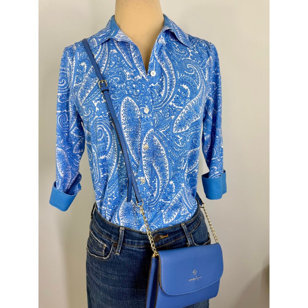 Vintage Talbots women's printed cotton lawn blue paisley shirt, size M